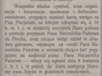 Z powodu przyjazdu Naczelnika Państwa, Kurjer Płocki 1921 r., nr 79 z 8 kwietnia, s. 1